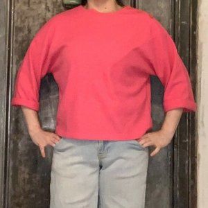 Vintage  M L XL  80s bright pink ribbed  terrycloth crew neck 3/4 long cuffed sl